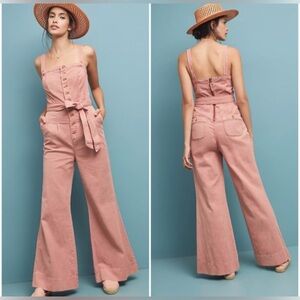 Anthropologie Pink Button-Front Jumpsuit linen blend